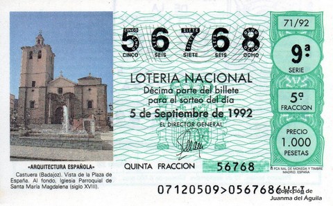 Décimo de Lotería Nacional de 1992 Sorteo 71 - «ARQUITECTURA ESPAÑOLA» - CASTUERA (BADAJOZ). VISTA DE LA PLAZA DE ESPAÑA