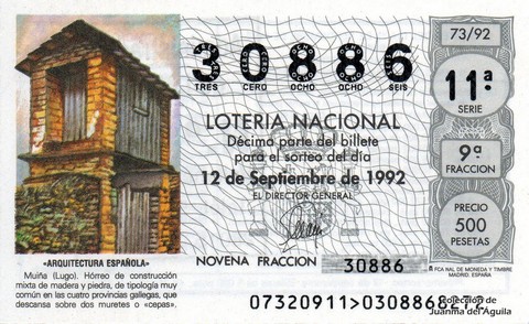Décimo de Lotería Nacional de 1992 Sorteo 73 - «ARQUITECTURA ESPAÑOLA» - MUIÑA (LUGO). HORREO DE CONSTRUCCION MIXTA