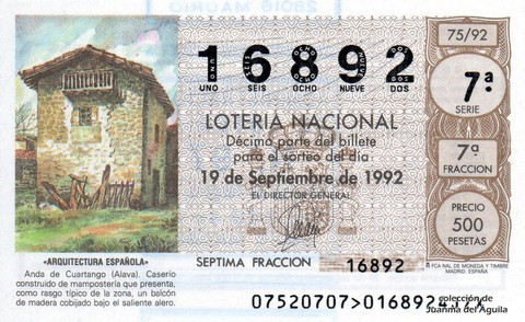 Décimo de Lotería Nacional de 1992 Sorteo 75 - «ARQUITECTURA ESPAÑOLA» - ANDA DE CUARTANGO (ALAVA)