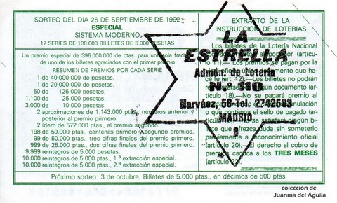 Reverso del décimo de Lotería Nacional de 1992 Sorteo 77