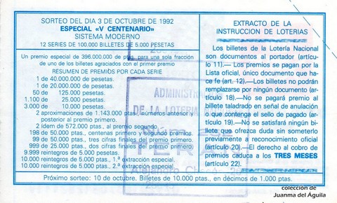 Reverso del décimo de Lotería Nacional de 1992 Sorteo 79