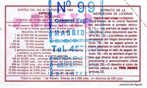 Reverso del décimo de Lotería Nacional de 1992 Sorteo 7