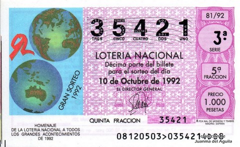 Décimo de Lotería Nacional de 1992 Sorteo 81 - «GRAN SORTEO 1992»