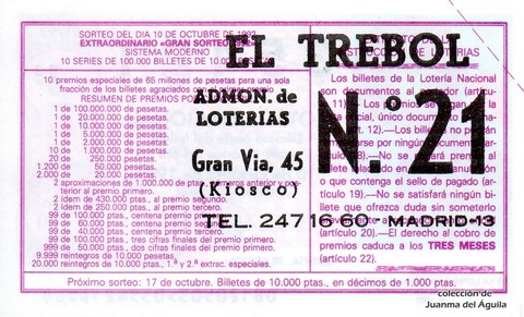 Reverso del décimo de Lotería Nacional de 1992 Sorteo 81