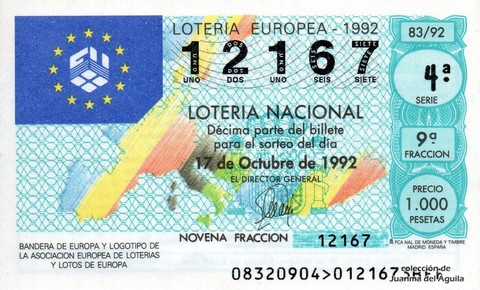 Décimo de Lotería Nacional de 1992 Sorteo 83 - BANDERA DE EUROPA Y LOGOTIPO DE LA ASOCIACION EUROPEA DE LOTERIAS Y LOTOS DE EUROP