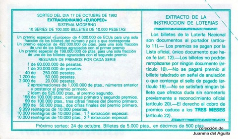Reverso del décimo de Lotería Nacional de 1992 Sorteo 83
