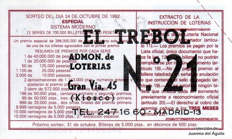Reverso del décimo de Lotería Nacional de 1992 Sorteo 85