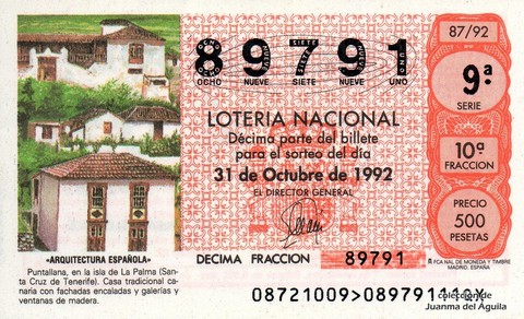 Décimo de Lotería Nacional de 1992 Sorteo 87 - «ARQUITECTURA ESPAÑOLA» - PUNTALLANA, EN LA ISLA DE LA PALMA (SANTA CRUZ DE TENERIFE)