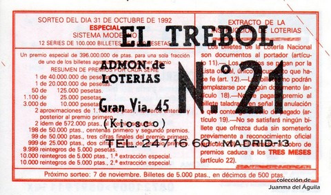 Reverso del décimo de Lotería Nacional de 1992 Sorteo 87