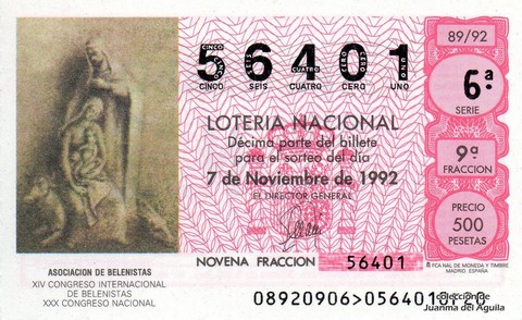 Décimo de Lotería Nacional de 1992 Sorteo 89 - ASOCIACION DE BELENISTAS