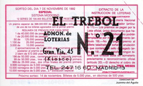 Reverso del décimo de Lotería Nacional de 1992 Sorteo 89