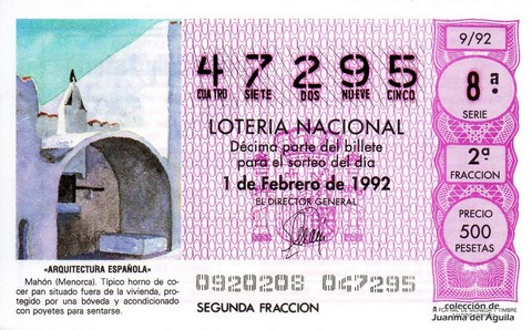 Décimo de Lotería Nacional de 1992 Sorteo 9 - «ARQUITECTURA ESPAÑOLA» - MAHON (MENORCA). TIPICO HORNO DE COCER PAN