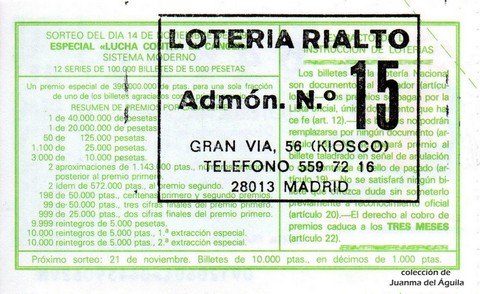 Reverso del décimo de Lotería Nacional de 1992 Sorteo 91