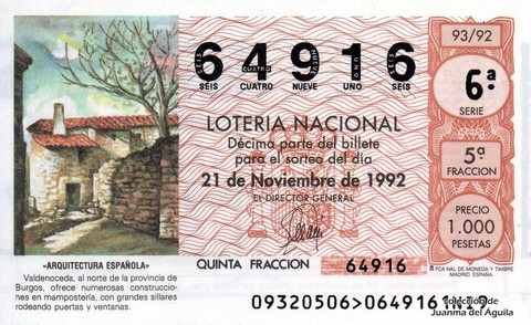 Décimo de Lotería Nacional de 1992 Sorteo 93 - «ARQUITECTURA ESPAÑOLA» - VALDENOCEDA (BURGOS)