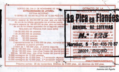 Reverso del décimo de Lotería Nacional de 1992 Sorteo 93