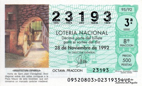 Décimo de Lotería Nacional de 1992 Sorteo 95 - «ARQUITECTURA ESPAÑOLA» - HORTA DE SANT JOAN (TARRAGONA)