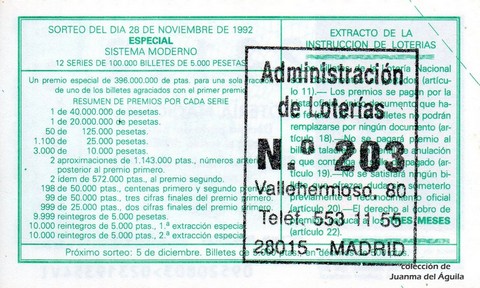 Reverso del décimo de Lotería Nacional de 1992 Sorteo 95