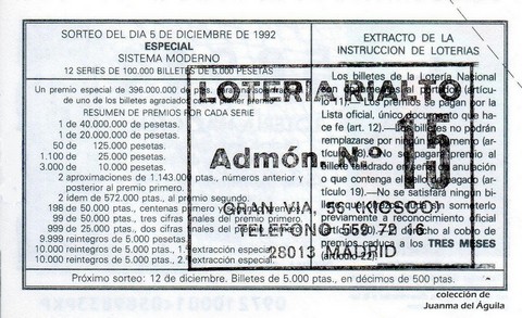 Reverso décimo de Lotería 1992 / 97