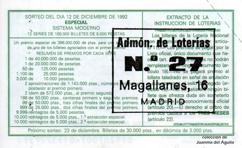 Reverso del décimo de Lotería Nacional de 1992 Sorteo 99
