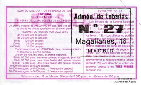 Reverso del décimo de Lotería Nacional de 1992 Sorteo 9