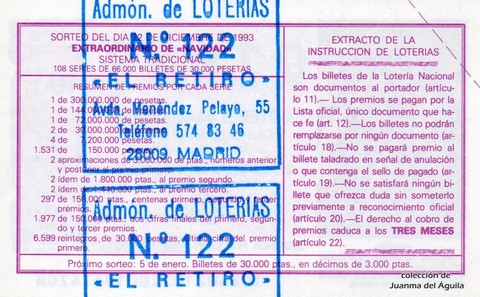 Reverso del décimo de Lotería Nacional de 1993 Sorteo 102