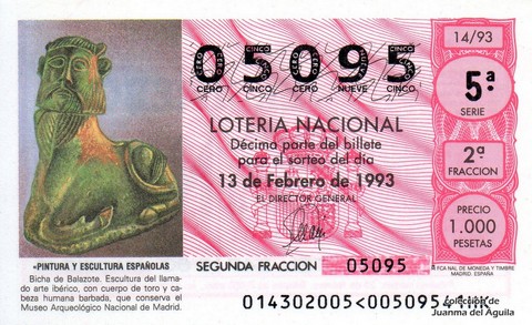 Décimo de Lotería Nacional de 1993 Sorteo 14 - «PINTURA Y ESCULTURA ESPAÑOLAS» - BICHA DE BALAZOTE