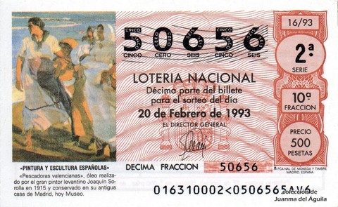 Décimo de Lotería Nacional de 1993 Sorteo 16 - «PINTURA Y ESCULTURA ESPAÑOLAS» - «PESCADORAS VALENCIANAS»