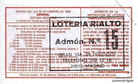 Reverso del décimo de Lotería Nacional de 1993 Sorteo 16