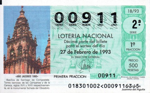 Décimo de Lotería Nacional de 1993 Sorteo 18 - «AÑO JACOBEO 1993» - BASILICA DE SANTIAGO DE COMPOSTELA