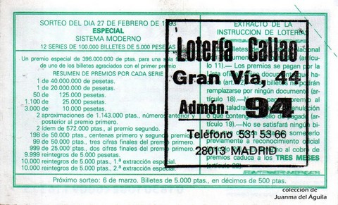 Reverso del décimo de Lotería Nacional de 1993 Sorteo 18