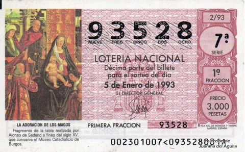 Décimo de Lotería Nacional de 1993 Sorteo 2 - LA ADORACION DE LOS MAGOS