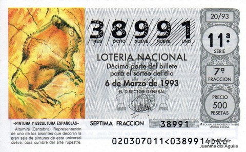 Décimo de Lotería Nacional de 1993 Sorteo 20 - «PINTURA Y ESCULTURA ESPAÑOLAS» - ALTAMIRA (CANTABRIA)