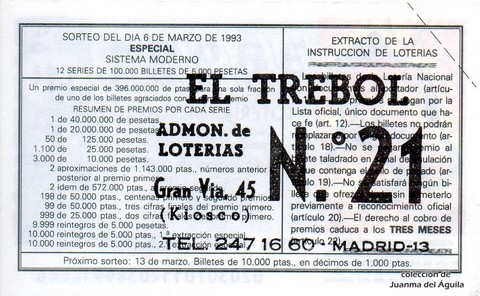 Reverso del décimo de Lotería Nacional de 1993 Sorteo 20