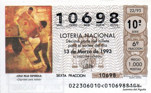 Décimo de Lotería Nacional de 1993 Sorteo 22 - «CRUZ ROJA ESPAÑOLA»