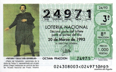 Décimo de Lotería Nacional de 1993 Sorteo 24 - «PINTURA Y ESCULTURA ESPAÑOLAS» - «PABLO DE VALLADOLID»
