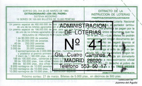 Reverso del décimo de Lotería Nacional de 1993 Sorteo 24