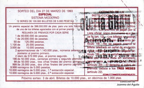 Reverso del décimo de Lotería Nacional de 1993 Sorteo 26