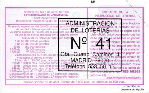 Reverso décimo de Lotería 1993 / 28