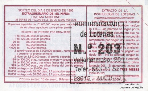 Reverso del décimo de Lotería Nacional de 1993 Sorteo 2