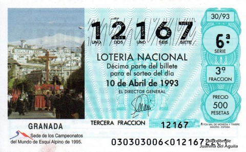 Décimo de Lotería Nacional de 1993 Sorteo 30 - GRANADA