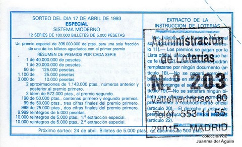 Reverso del décimo de Lotería Nacional de 1993 Sorteo 32