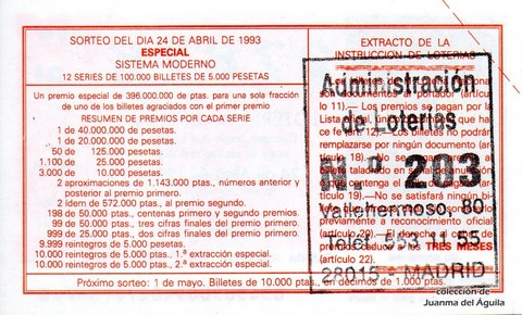 Reverso del décimo de Lotería Nacional de 1993 Sorteo 34
