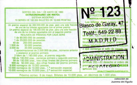 Reverso del décimo de Lotería Nacional de 1993 Sorteo 36
