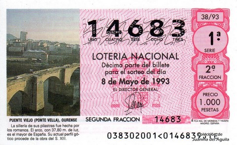 Décimo de Lotería Nacional de 1993 Sorteo 38 - PUENTE VIEJO (PONTE VELLA), OURENSE