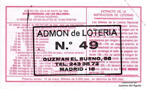 Reverso del décimo de Lotería Nacional de 1993 Sorteo 38