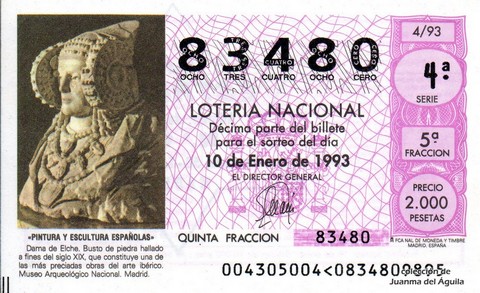 Décimo de Lotería Nacional de 1993 Sorteo 4 - «PINTURA Y ESCULTURA ESPAÑOLAS» - DAMA DE ELCHE