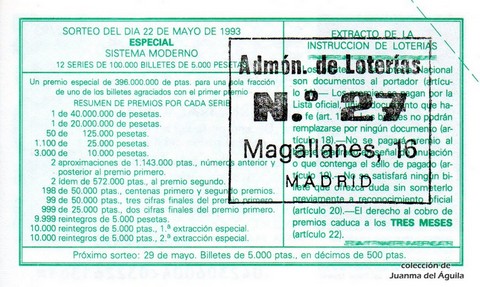 Reverso del décimo de Lotería Nacional de 1993 Sorteo 42