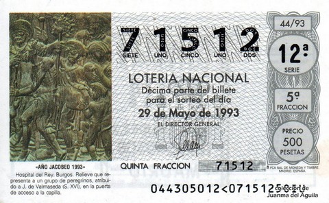 Décimo de Lotería Nacional de 1993 Sorteo 44 - «AÑO JACOBEO 1993» - HOSPITAL DEL REY, BURGOS