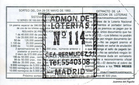 Reverso del décimo de Lotería Nacional de 1993 Sorteo 44