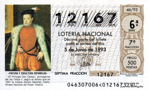 Décimo de Lotería Nacional de 1993 Sorteo 46 - «PINTURA Y ESCULTURA ESPAÑOLAS» - «EL PRINCIPE DON CARLOS»